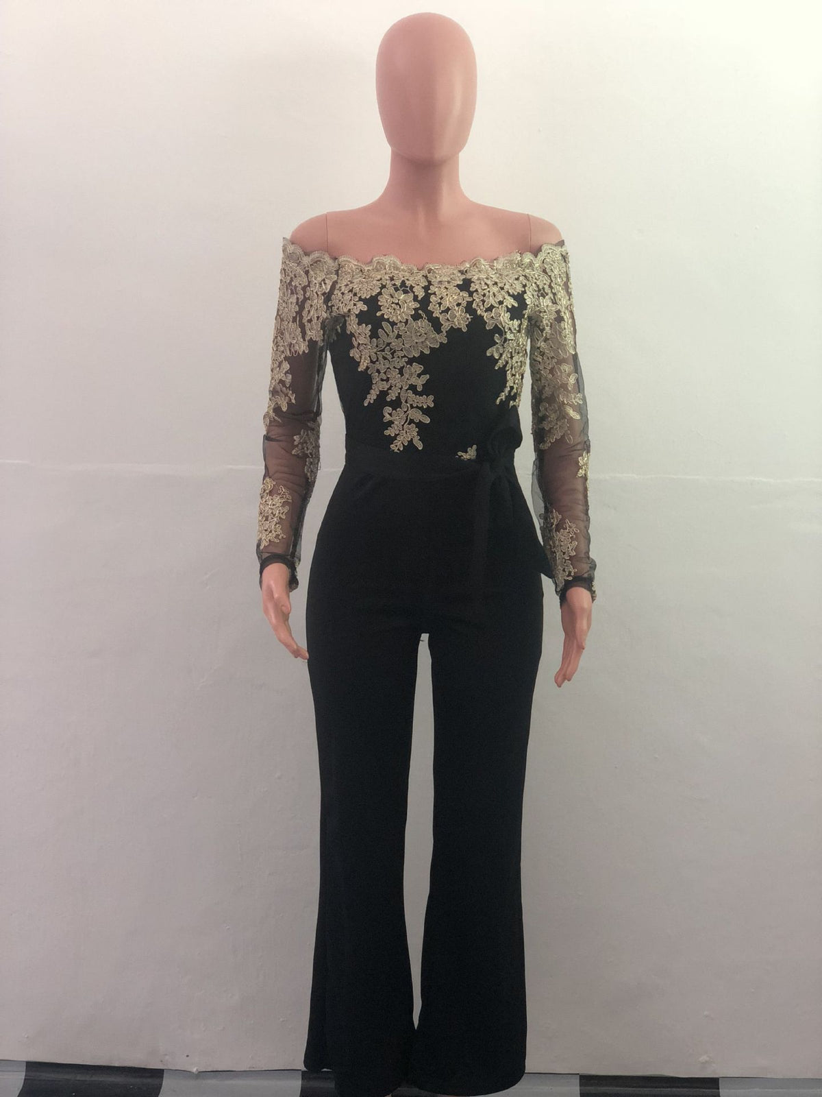 Sj3227 Foreign Trade European and American Casual Women's Water-Soluble Lace One-Line Collar Wide-Leg Jumpsuit 7 Colors